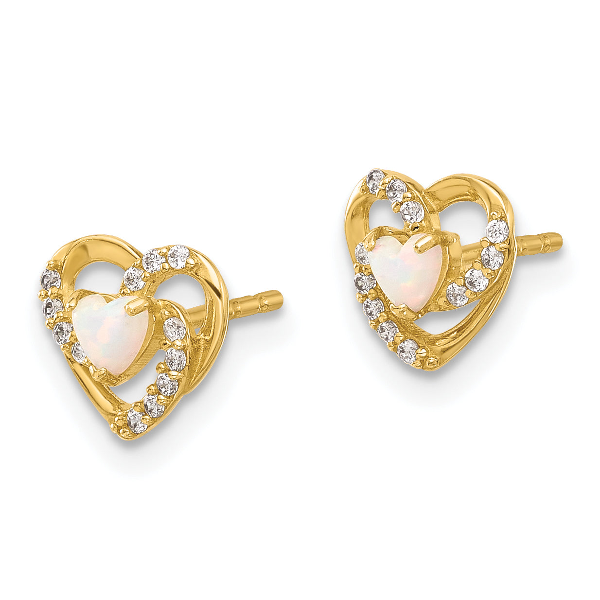 14K CZ and Created Opal Heart Post Earrings