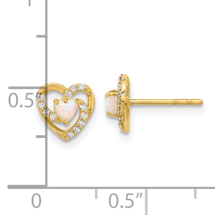 14K CZ and Created Opal Heart Post Earrings