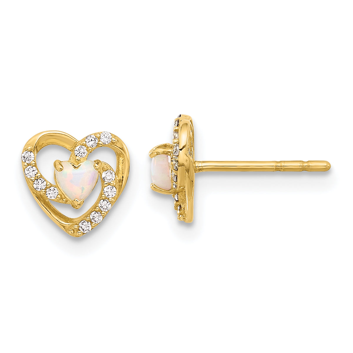 14K CZ and Created Opal Heart Post Earrings