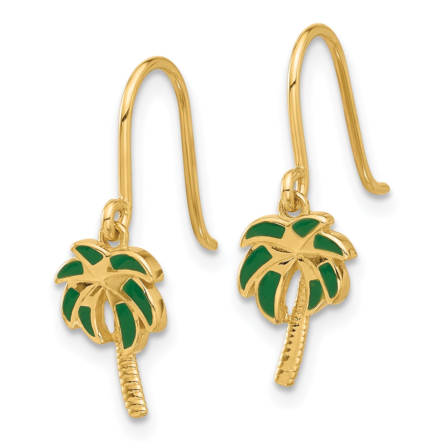 14k Polished Green Enameled Palm Tree Shepherd Hook Dangle Earrings