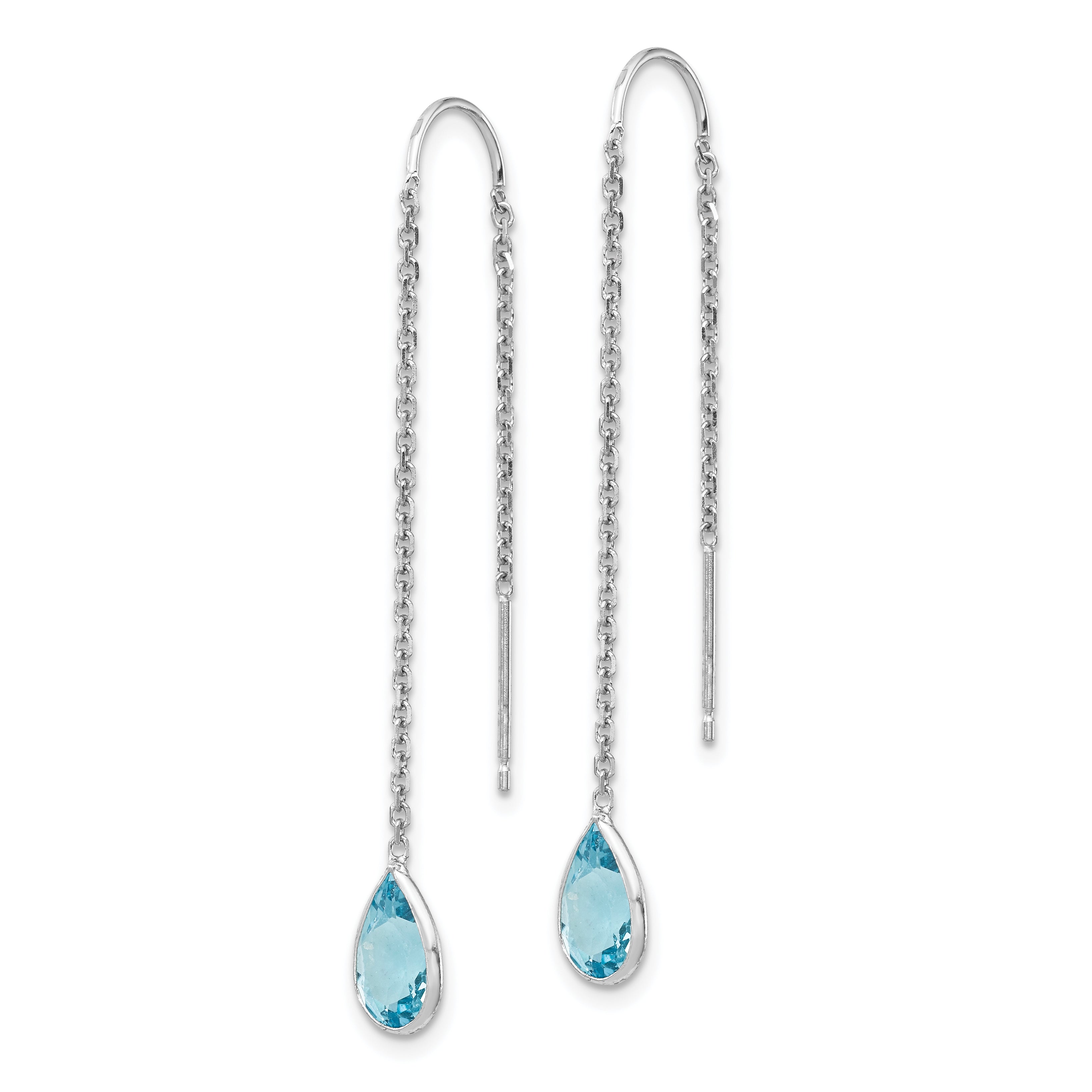 14k White Gold Blue Topaz Pear Bezel Threader Earrings Secondary image