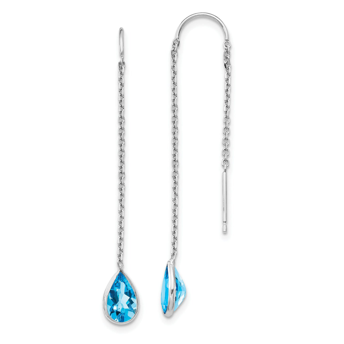 Pear Blue Topaz Bezel Threader Earrings in 14K White Gold, 8x5mm - Sophia Jewelers Main image