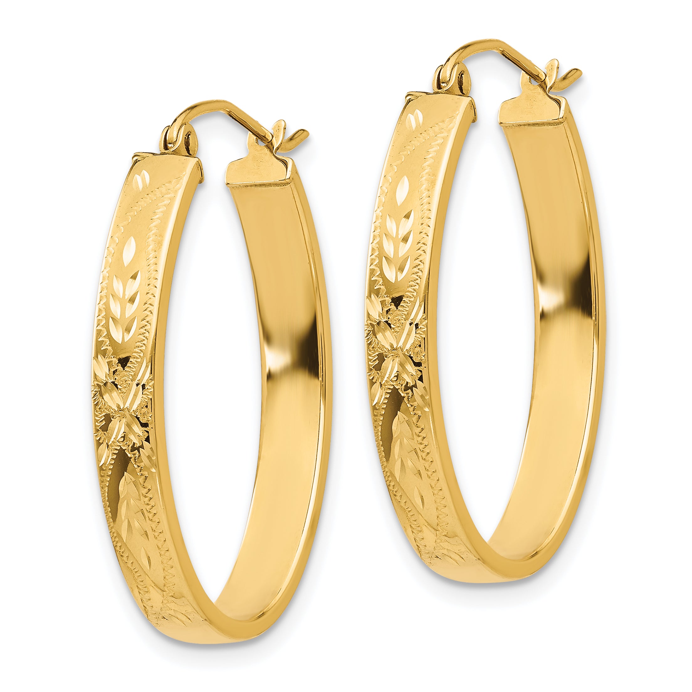 14k Satin & Diamond-Cut Oval Hoop Earrings Secondary image