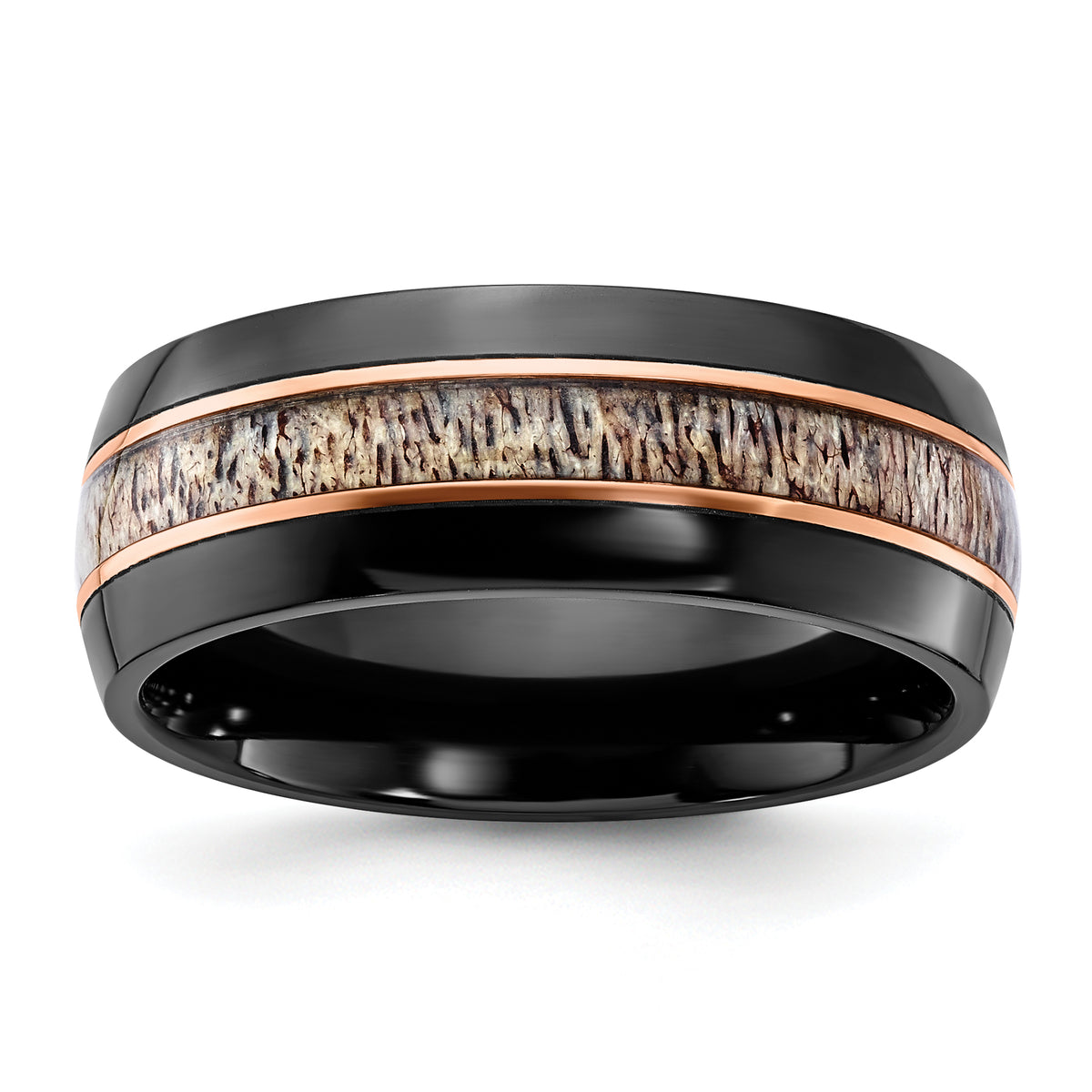 Black Zirconium Polished Rose IP-plated with Antler Inlay 8mm Band