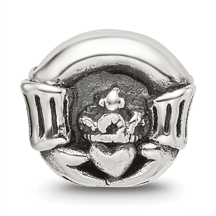 Sterling Silver Claddagh Bead with Antiqued Finish Solid Cast Design