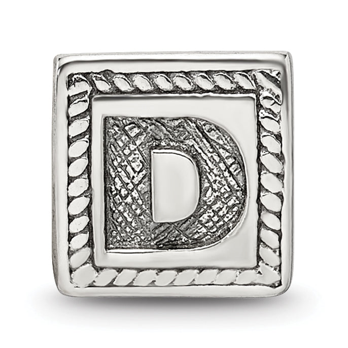 Sterling Silver 925 Antiqued Letter D Bead with Solid Triangle Block Design