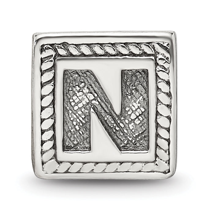 Sterling Silver 925 Antiqued Letter N Bead for Charm Bracelet