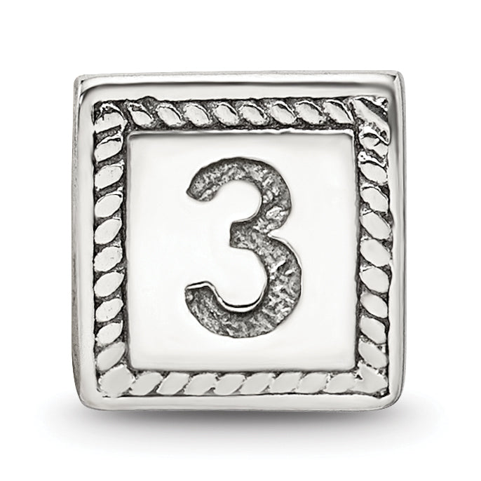 Sterling Silver 925 Number 3 Block Bead with Antiqued Finish