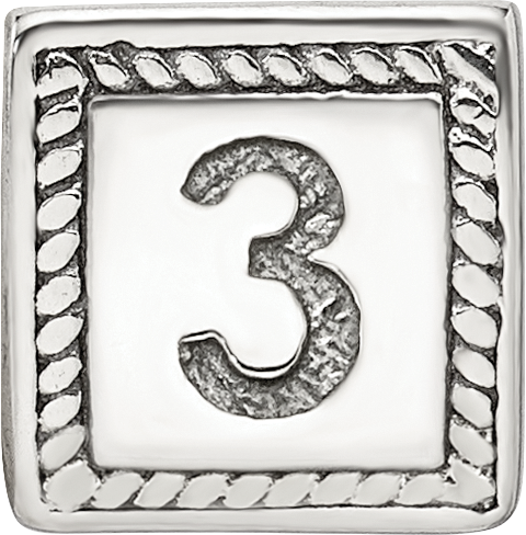 Sterling Silver 925 Number 3 Block Bead with Antiqued Finish