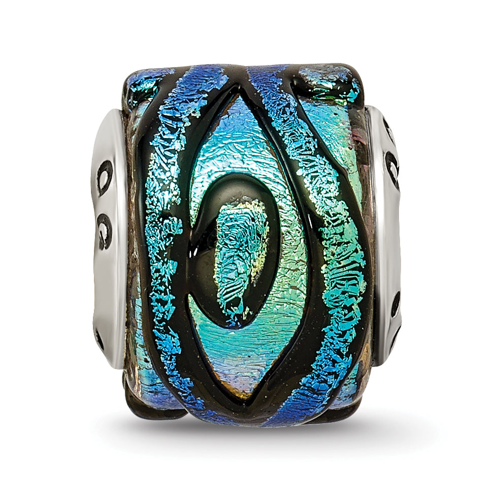 Sterling Silver Reflections Bead with Green Dichroic Glass and Antiqued Finish