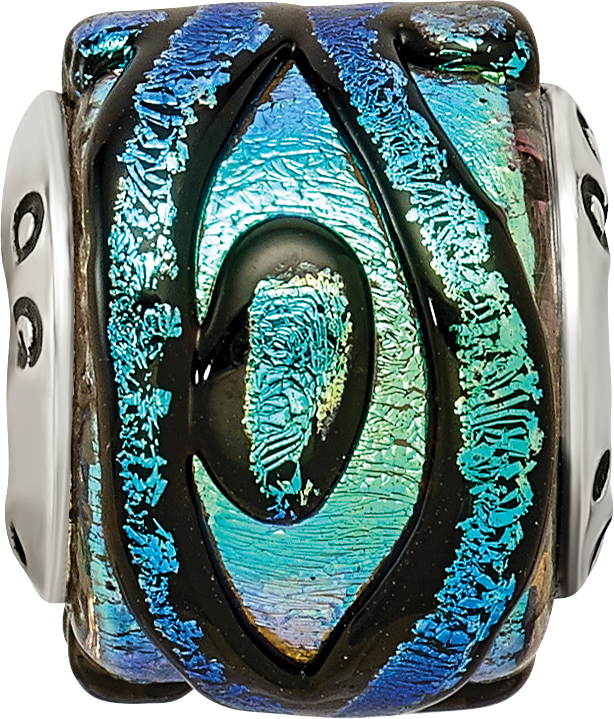 Sterling Silver Reflections Bead with Green Dichroic Glass and Antiqued Finish
