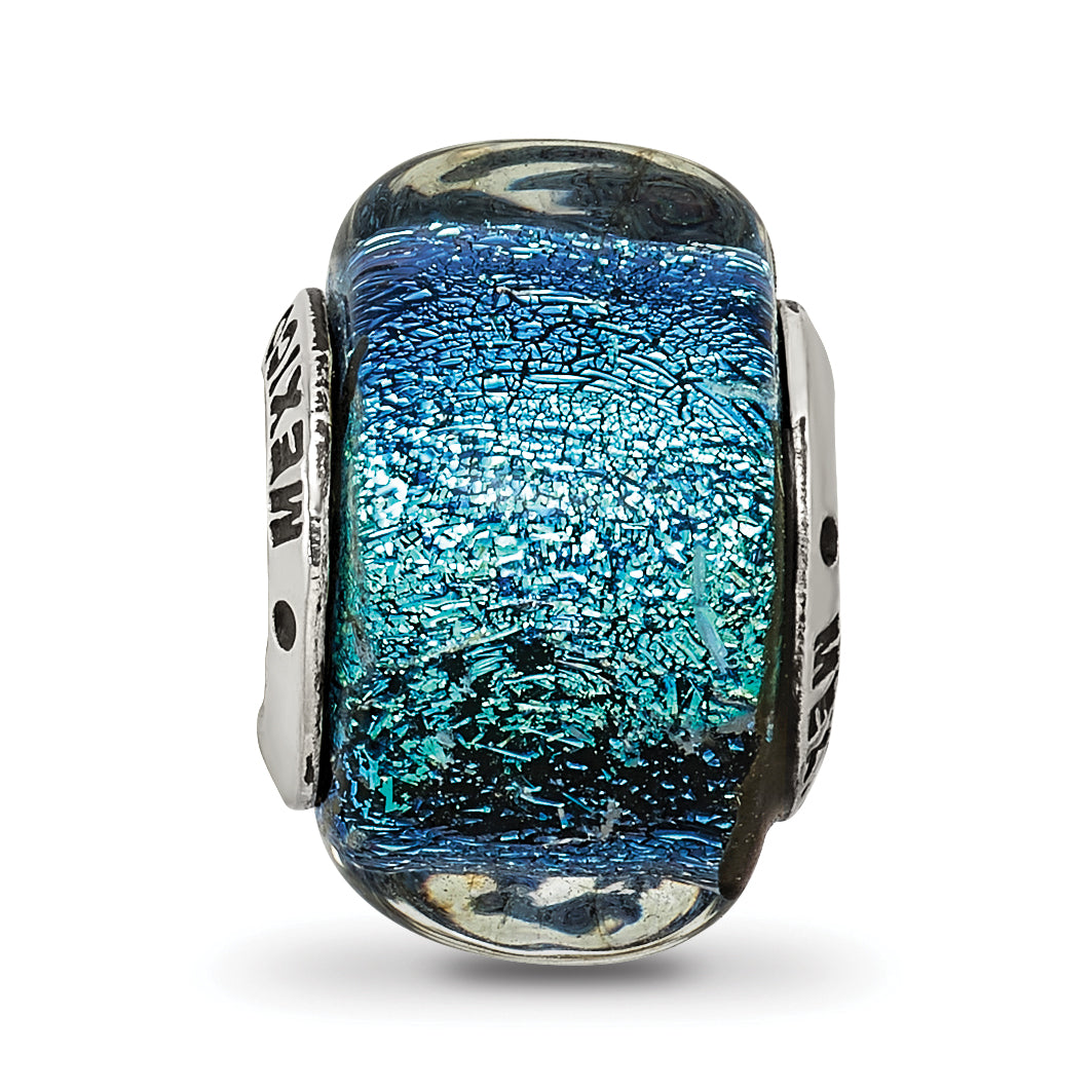 Sterling Silver 925 Antiqued Square Bead with Blue Dichroic Glass for Elegant Jewelry