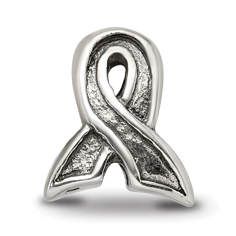 Sterling Silver 925 Awareness Ribbon Bead with Antiqued Finish and Solid Design