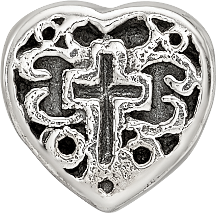 Sterling Silver 925 Kids Heart Bead with Cross and Scroll Design
