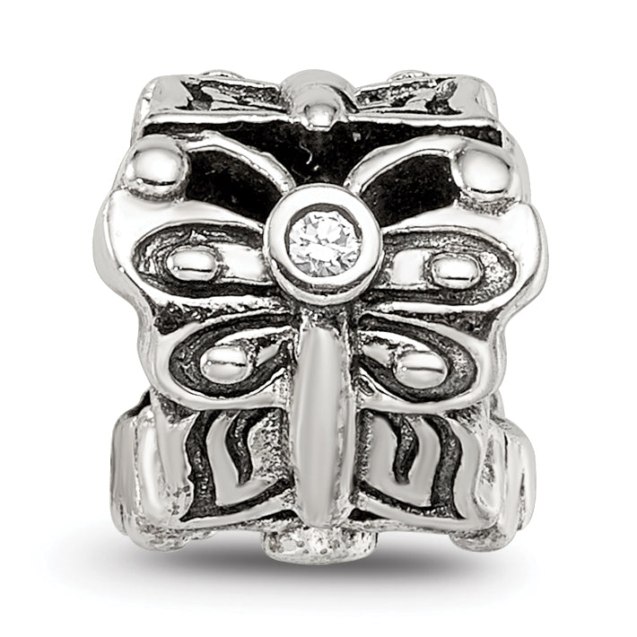 Sterling Silver 925 Butterfly Bead with CZ Accent Antiqued Finish
