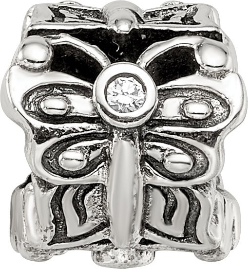 Sterling Silver 925 Butterfly Bead with CZ Accent Antiqued Finish