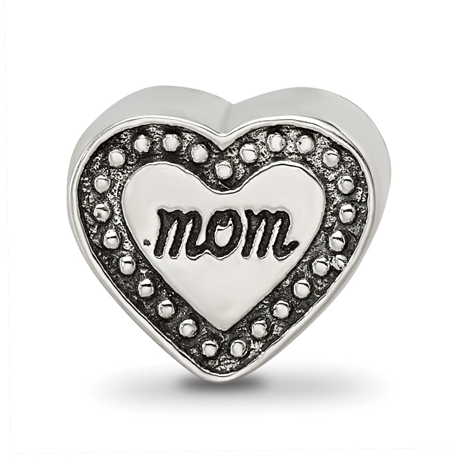 Sterling Silver 925 Antiqued Mom Heart Bead Solid Casted for Charm Bracelets