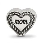 Sterling Silver 925 Antiqued Mom Heart Bead Solid Casted for Charm Bracelets