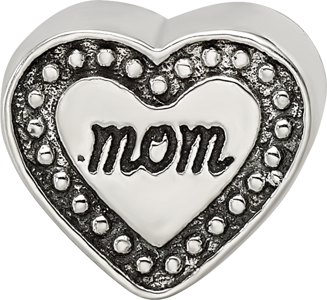 Sterling Silver 925 Antiqued Mom Heart Bead Solid Casted for Charm Bracelets
