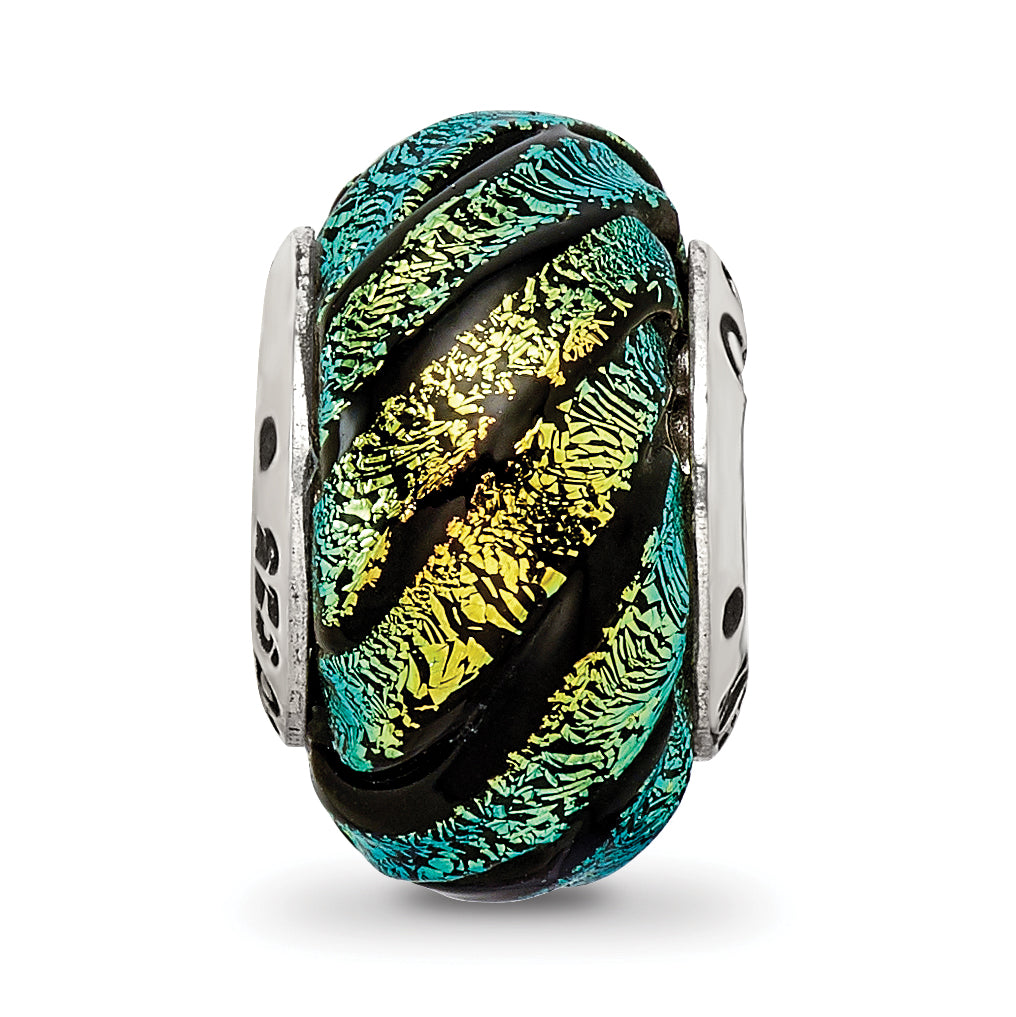 Green Swirl Dichroic Glass Bead Charm in Sterling Silver
