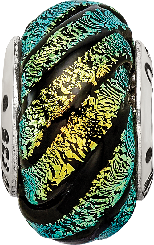 Sterling Silver Green Swirl Dichroic Glass Bead with Polished Finish for Charm Bracelets