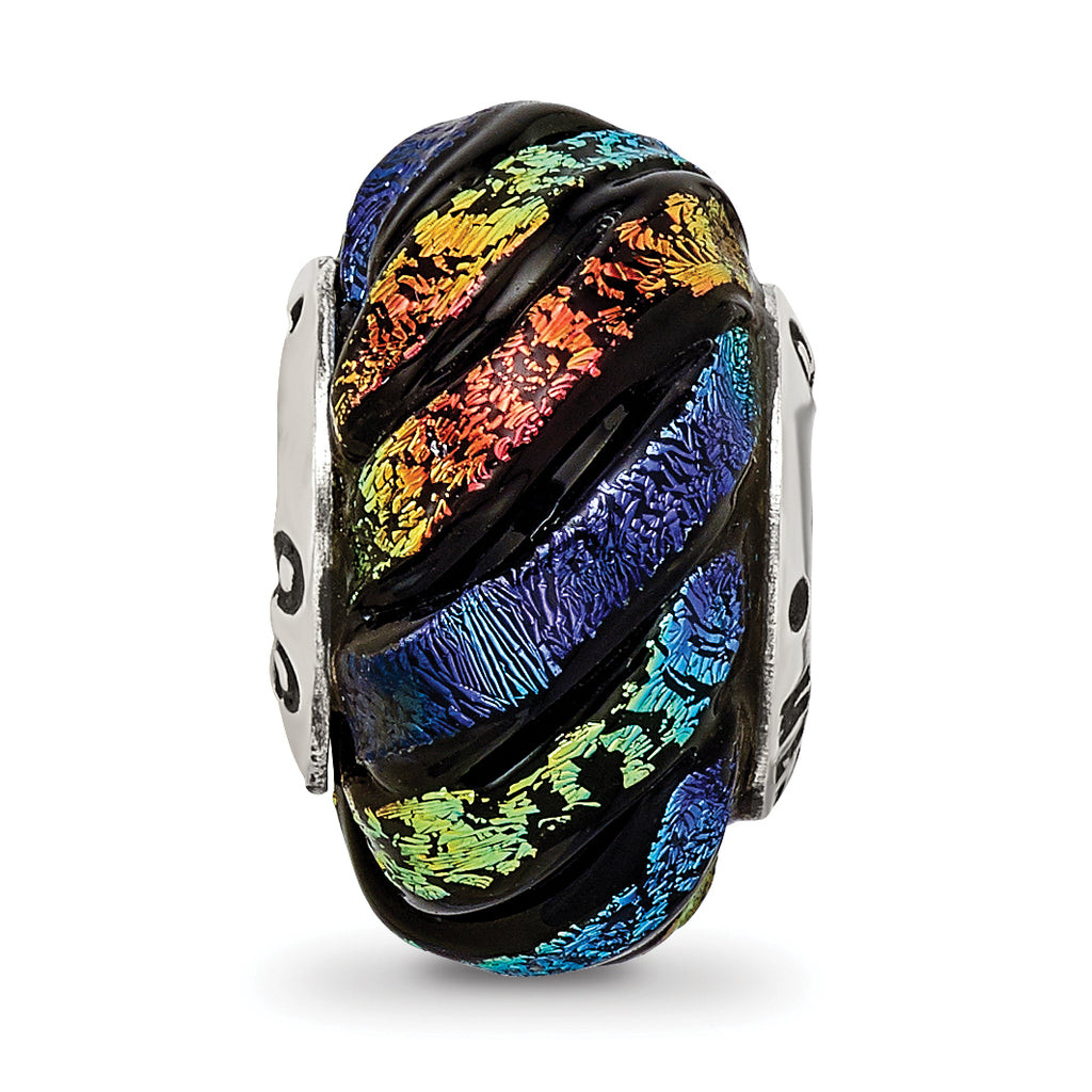 Sterling Silver Rainbow Swirl Dichroic Glass Bead with Polished Finish for Elegant Jewelry