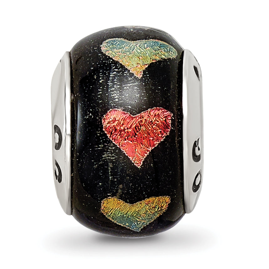 Sterling Silver Dichroic Glass Bead with Orange/Green Hearts Polished Finish Elegant Handmade
