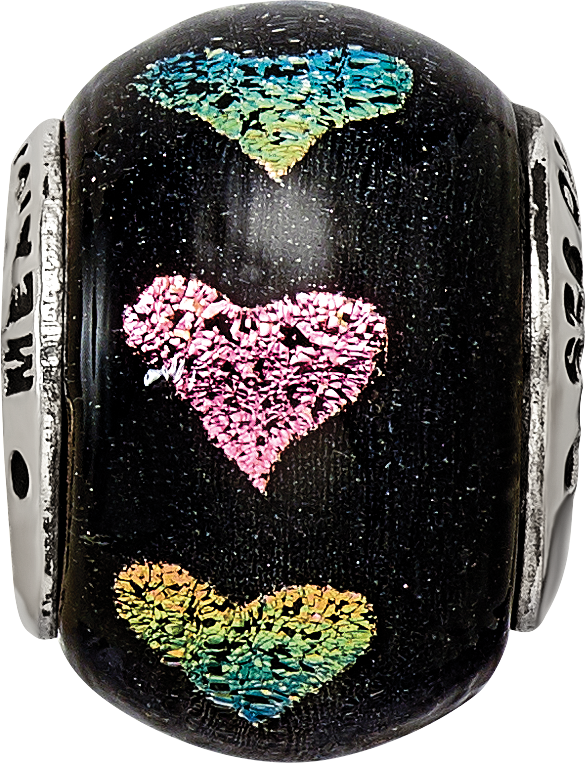 Sterling Silver 925 Dichroic Glass Bead with Pink/Purple Hearts Elegant & Polished Charm