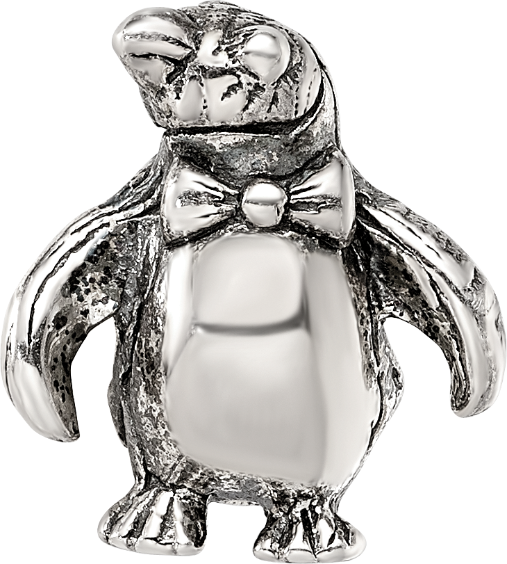 Sterling Silver 925 Penguin Bead with Antiqued Finish Solid Cast Design