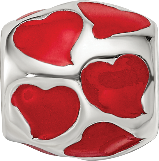 Sterling Silver 925 Red Enameled Hearts Bead with Antiqued Finish