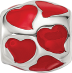 Sterling Silver 925 Red Enameled Hearts Bead with Antiqued Finish