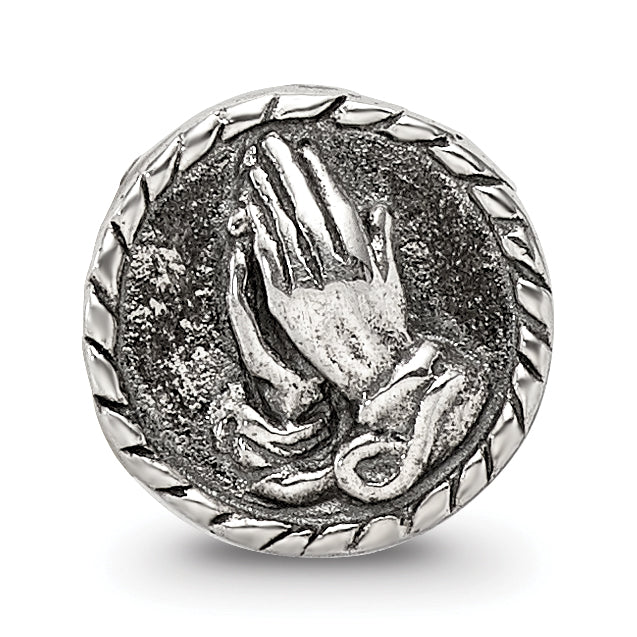 Sterling Silver 925 Praying Hands Bead with Antiqued Finish Solid Themed Design