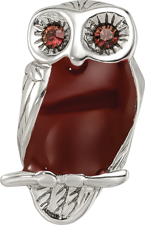 Sterling Silver 925 Wise Owl Bead with Brown Enamel Antiqued Finish