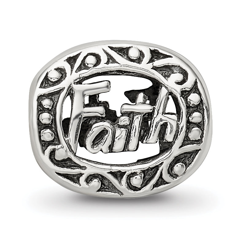 Sterling Silver 925 Faith Bead with Antiqued Finish Solid Themed Design