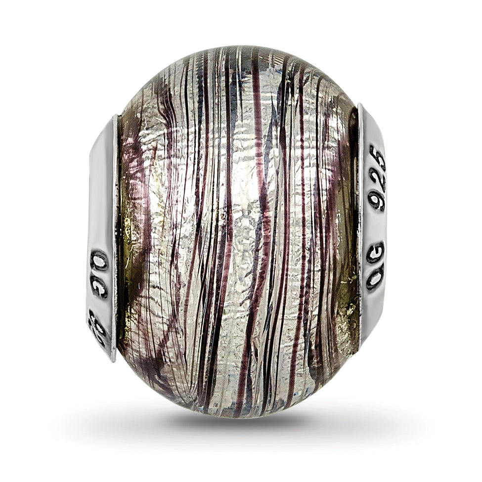Sterling Silver Murano Glass Bead with Purple Stripes  Elegant, Handcrafted Italian Design