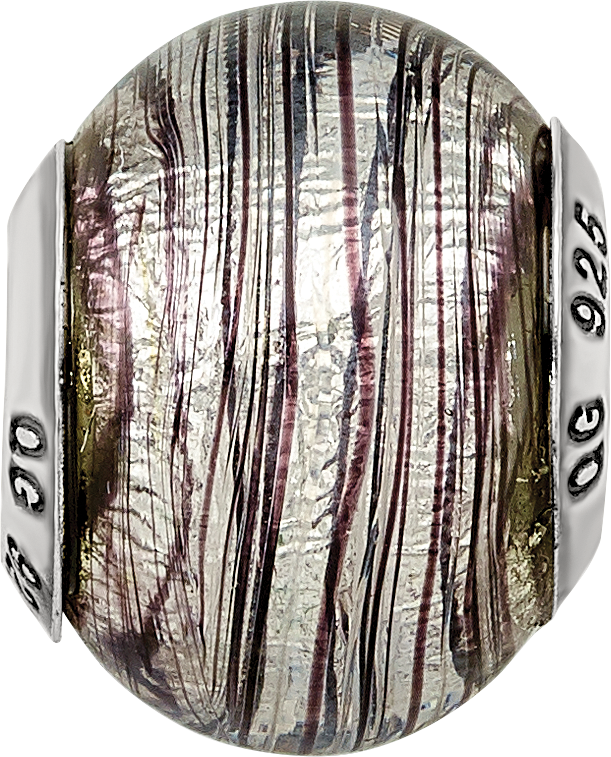 Sterling Silver Murano Glass Bead with Purple Stripes  Elegant, Handcrafted Italian Design