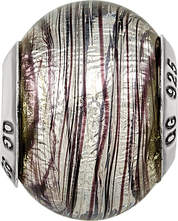 Sterling Silver Reflections Italian Murano Purple Stripes Glass Bead
