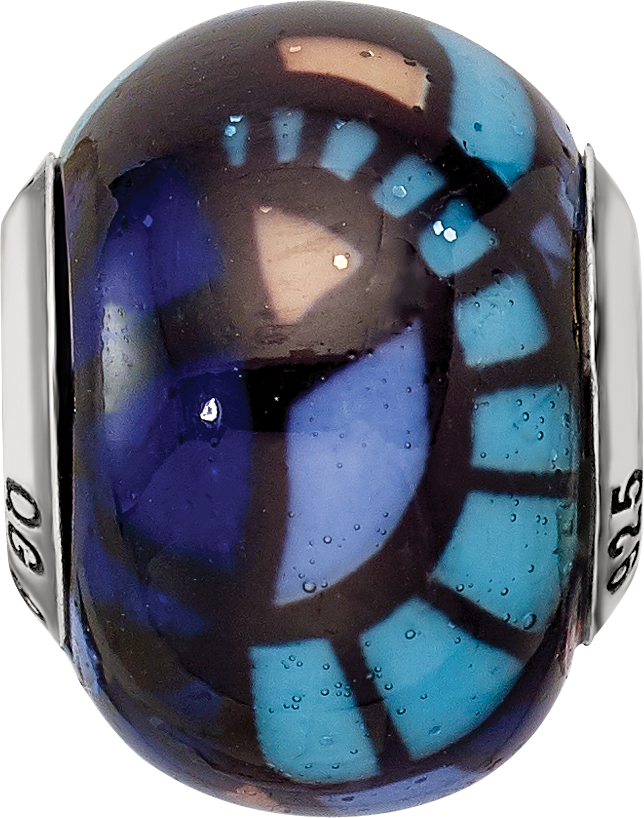 Sterling Silver 925 Italian Blue Glass Bead with Decorative Overlay Polished Finish
