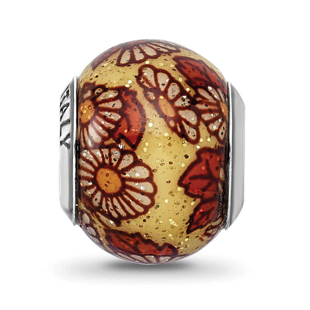 Sterling Silver 925 Italian Floral Glass Bead with Polished Overlay Design