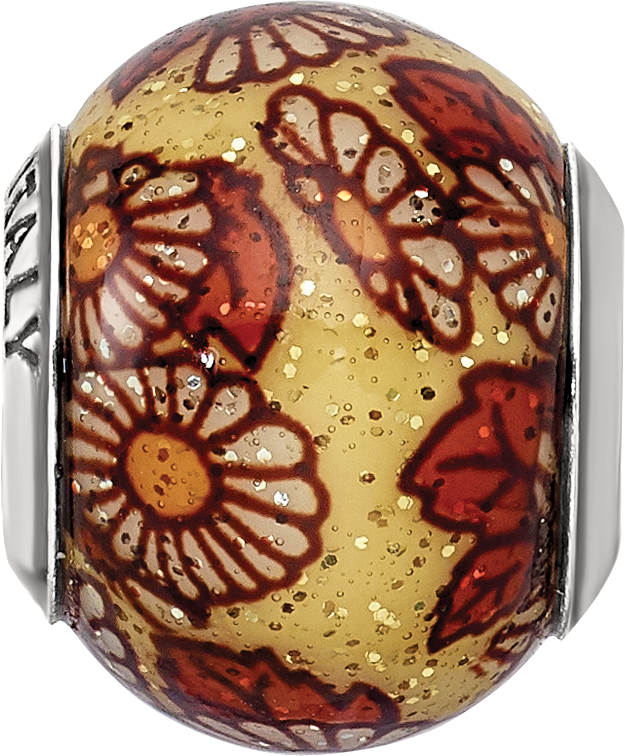 **Sterling Silver 925 Italian Floral Glass Bead with Polished Overlay Design**
