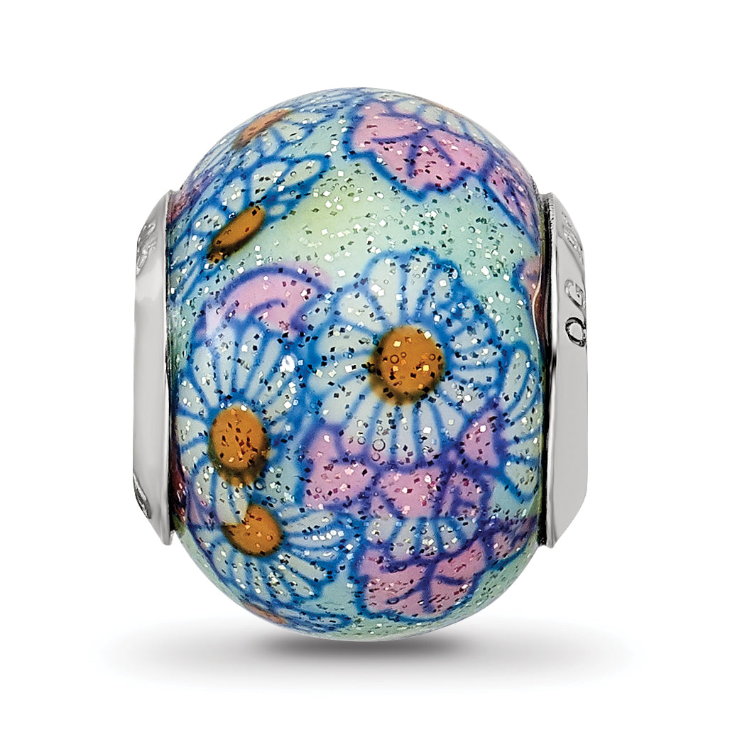 Sterling Silver 925 Blue Floral Glass Bead with Polished Overlay, Elegant Artistry