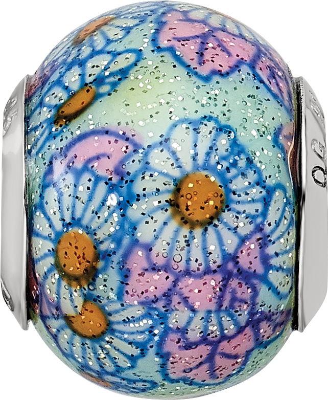 Sterling Silver 925 Blue Floral Glass Bead with Polished Overlay, Elegant Artistry