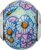 Sterling Silver 925 Blue Floral Glass Bead with Polished Overlay, Elegant Artistry