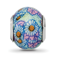 Sterling Silver 925 Blue Floral Glass Bead with Polished Overlay, Elegant Artistry