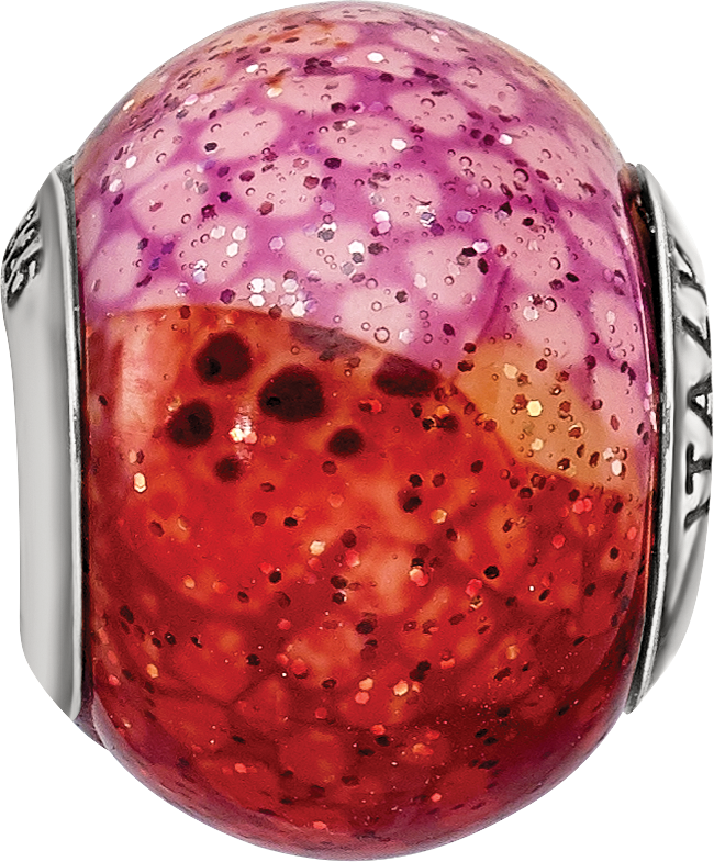 Sterling Silver Python Glass Bead with Italian Pink & Orange Design, Polished Finish