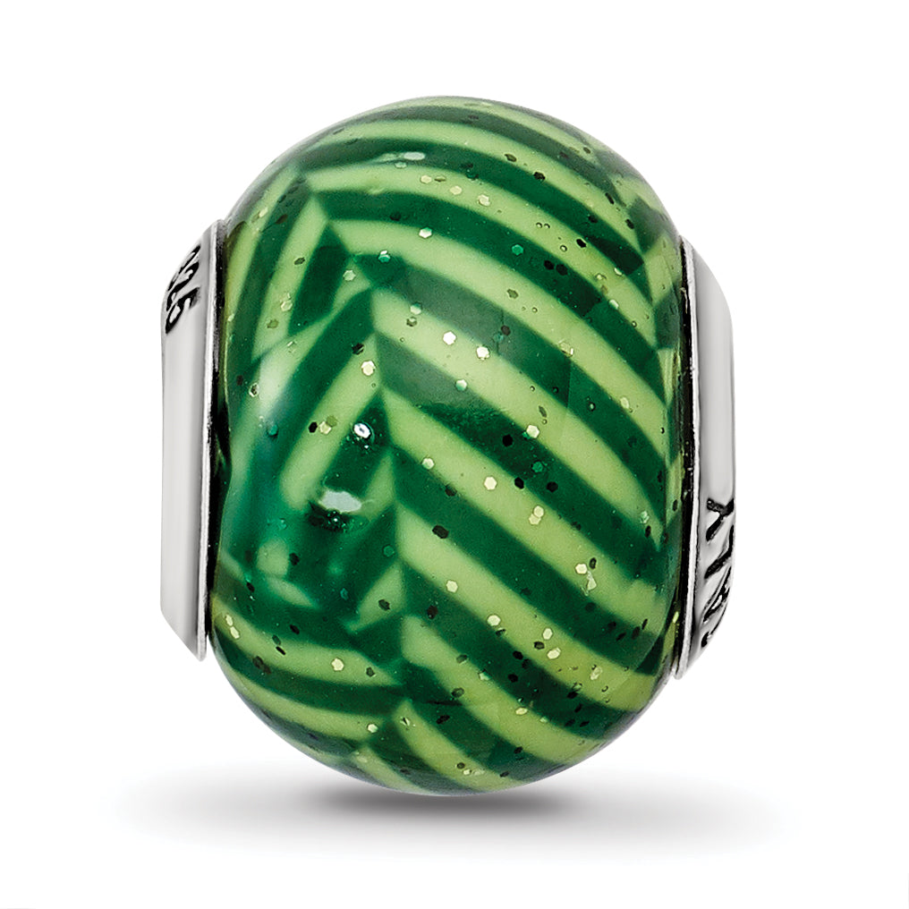 Sterling Silver 925 Glass Bead with Polished Green Stripes and Glitter Italian Style Elegance