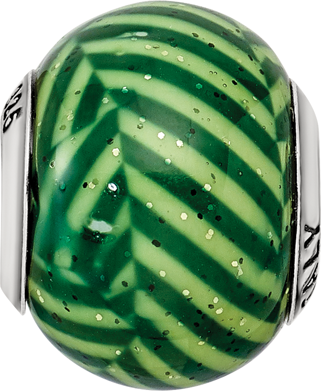 Sterling Silver 925 Glass Bead with Polished Green Stripes and Glitter Italian Style Elegance