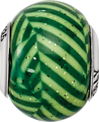 Sterling Silver 925 Glass Bead with Polished Green Stripes and Glitter Italian Style Elegance