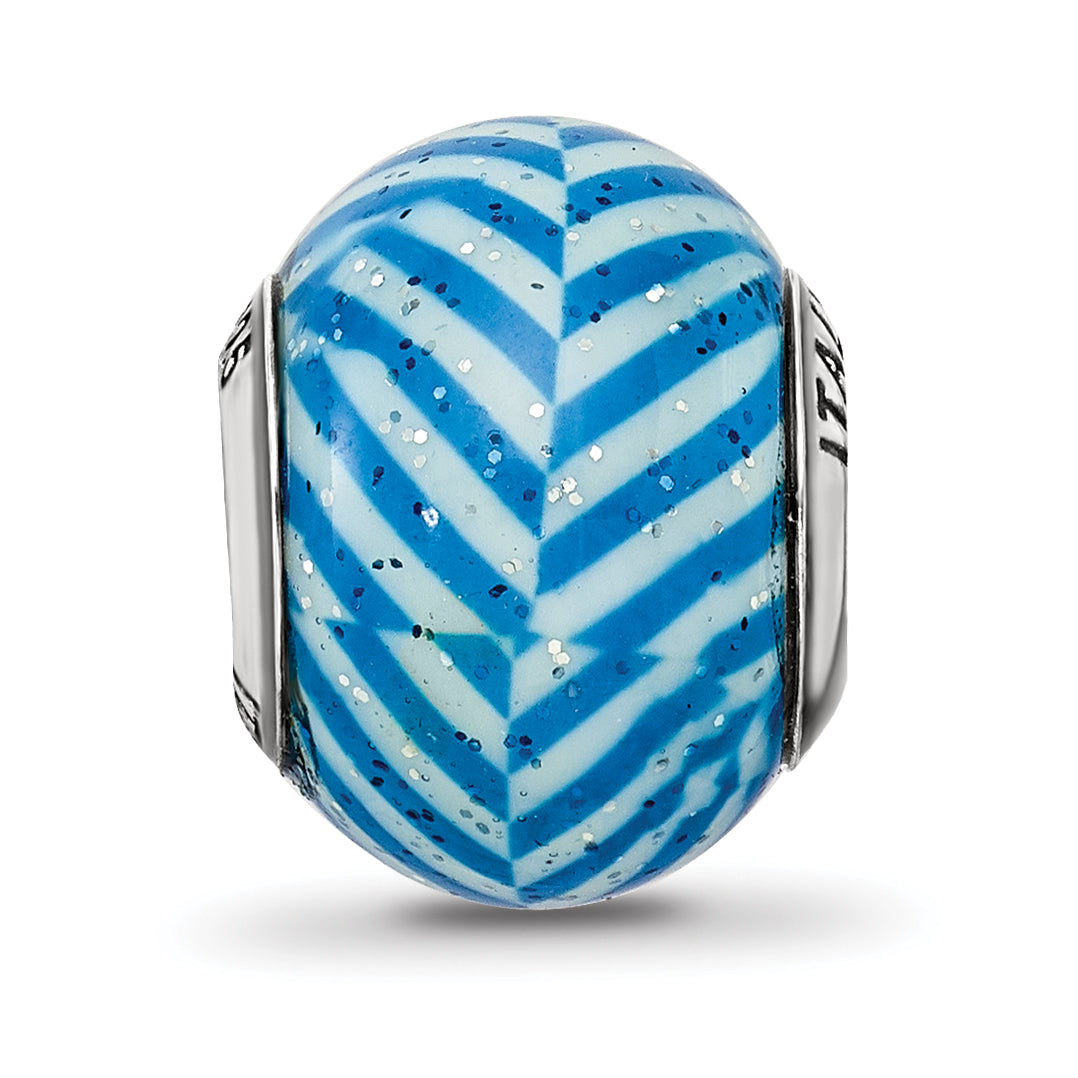Sterling Silver 925 Blue Striped Glass Bead with Glitter Detailing  Italian Elegance