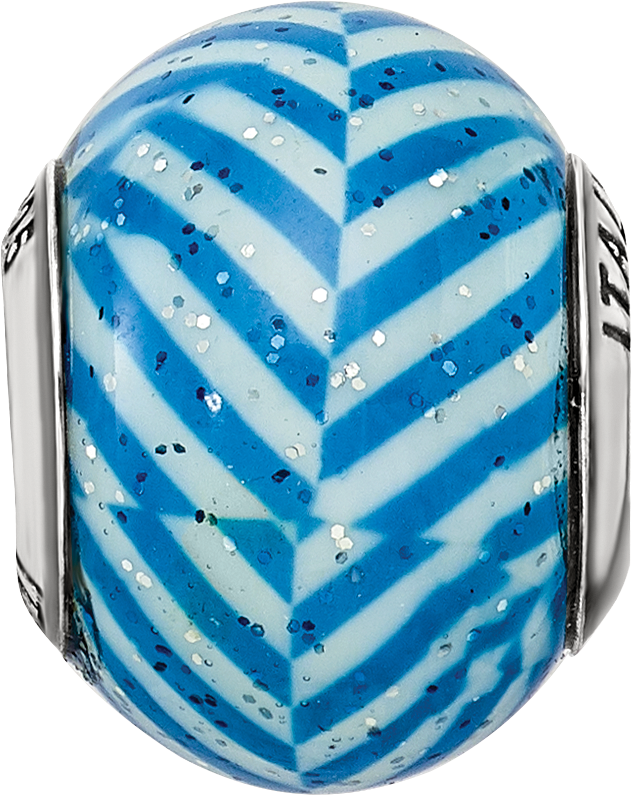 Sterling Silver 925 Blue Striped Glass Bead with Glitter Detailing  Italian Elegance